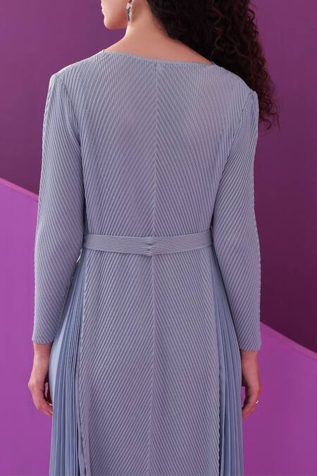 Pleats By Aruni Blue Polyester V-neck Powder Angny Midi Dress at Aza Fashions Pleats By Aruni_Blue Polyester V-neck Powder Angny Midi Dress_at_Aza_Fashions