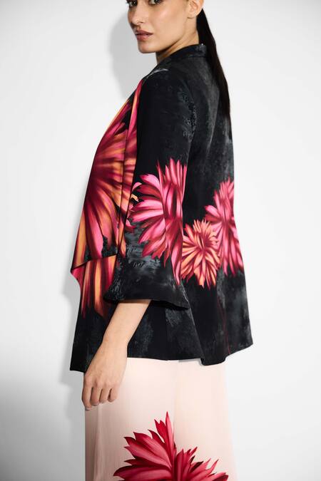 Shop SHASHA GABA Black Chiffon Open Neck Floral Coverup Shrug Online at Aza Fashions Shop_SHASHA GABA_Black Chiffon Open Neck Floral Coverup Shrug _Online_at_Aza_Fashions