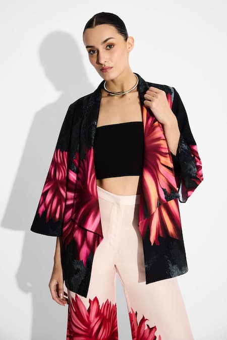 SHASHA GABA Black Chiffon Open Neck Floral Coverup Shrug at Aza Fashions SHASHA GABA_Black Chiffon Open Neck Floral Coverup Shrug _at_Aza_Fashions