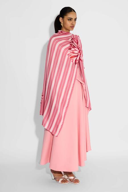 SHASHA GABA Pink Brocade Fabric Flowers Open Neck Striped Wrap Style Shrug Online at Aza Fashions SHASHA GABA_Pink Brocade Fabric Flowers Open Neck Striped Wrap Style Shrug _Online_at_Aza_Fashions