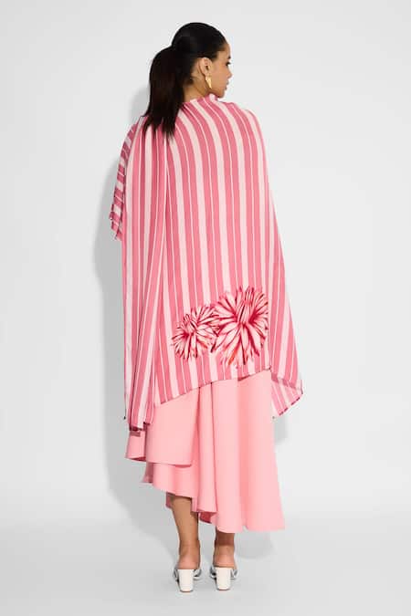 Shop SHASHA GABA Pink Brocade Fabric Flowers Open Neck Striped Wrap Style Shrug at Aza Fashions Shop_SHASHA GABA_Pink Brocade Fabric Flowers Open Neck Striped Wrap Style Shrug _at_Aza_Fashions