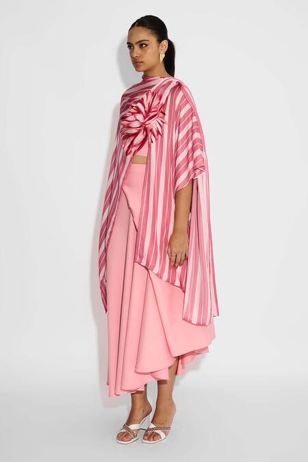 Shop SHASHA GABA Pink Brocade Fabric Flowers Open Neck Striped Wrap Style Shrug Online at Aza Fashions Shop_SHASHA GABA_Pink Brocade Fabric Flowers Open Neck Striped Wrap Style Shrug _Online_at_Aza_Fashions