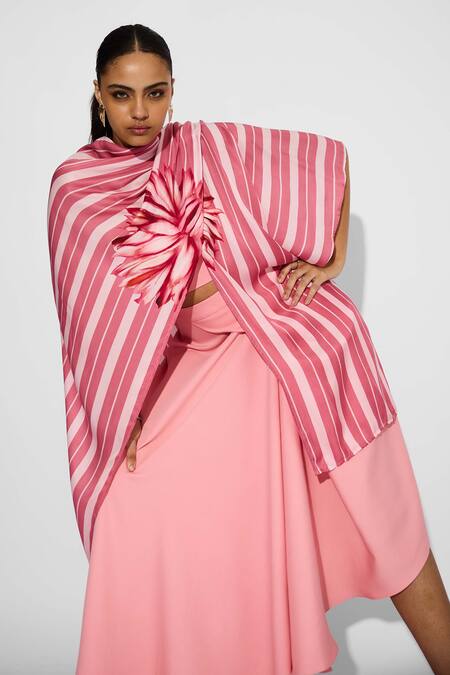 SHASHA GABA Pink Brocade Fabric Flowers Open Neck Striped Wrap Style Shrug at Aza Fashions SHASHA GABA_Pink Brocade Fabric Flowers Open Neck Striped Wrap Style Shrug _at_Aza_Fashions