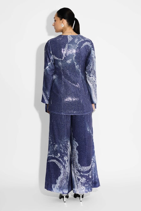 Shop SHASHA GABA Blue Polyester Sequins Round Neck Amorphous Jacket at Aza Fashions Shop_SHASHA GABA_Blue Polyester Sequins Round Neck Amorphous Jacket _at_Aza_Fashions