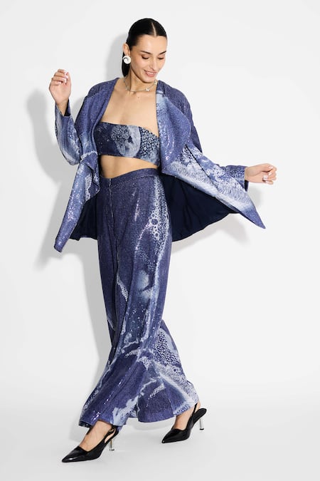 Buy SHASHA GABA Blue Polyester Sequins Round Neck Amorphous Jacket Online at Aza Fashions Buy_SHASHA GABA_Blue Polyester Sequins Round Neck Amorphous Jacket _Online_at_Aza_Fashions