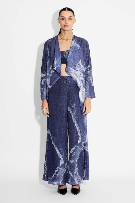 Shop SHASHA GABA Blue Polyester Sequins Round Neck Amorphous Jacket Online at Aza Fashions Shop_SHASHA GABA_Blue Polyester Sequins Round Neck Amorphous Jacket _Online_at_Aza_Fashions