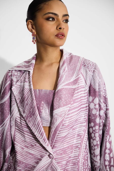 Shop SHASHA GABA Purple Polyester Sequins Open Neck Amorphous Cape Style Jacket Online at Aza Fashions Shop_SHASHA GABA_Purple Polyester Sequins Open Neck Amorphous Cape Style Jacket _Online_at_Aza_Fashions