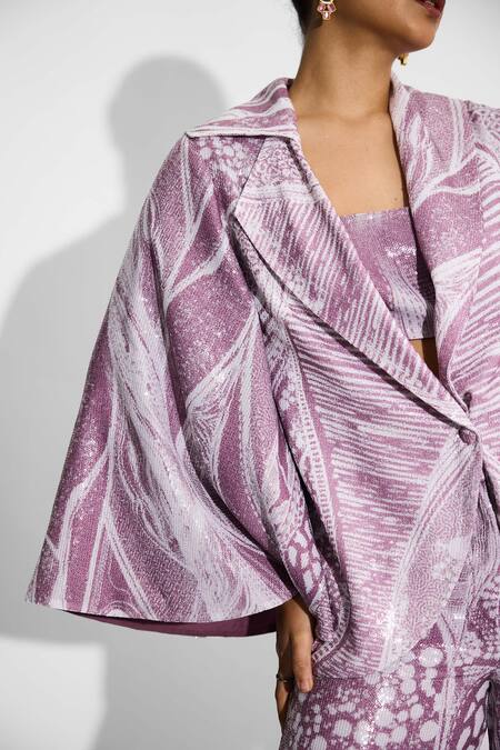 SHASHA GABA Purple Polyester Sequins Open Neck Amorphous Cape Style Jacket at Aza Fashions SHASHA GABA_Purple Polyester Sequins Open Neck Amorphous Cape Style Jacket _at_Aza_Fashions