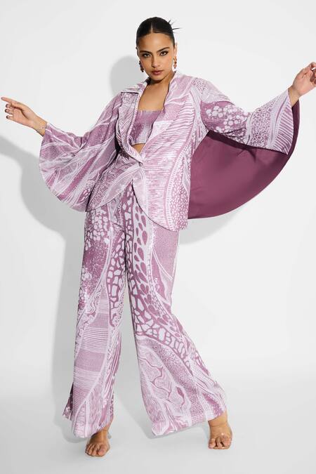 Buy SHASHA GABA Purple Polyester Sequins Open Neck Amorphous Cape Style Jacket Buy_SHASHA GABA_Purple Polyester Sequins Open Neck Amorphous Cape Style Jacket