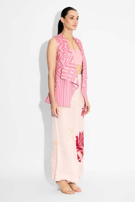 SHASHA GABA Pink Crepe Round Neck Stripe Lapel Jacket Online at Aza Fashions SHASHA GABA_Pink Crepe Round Neck Stripe Lapel Jacket _Online_at_Aza_Fashions