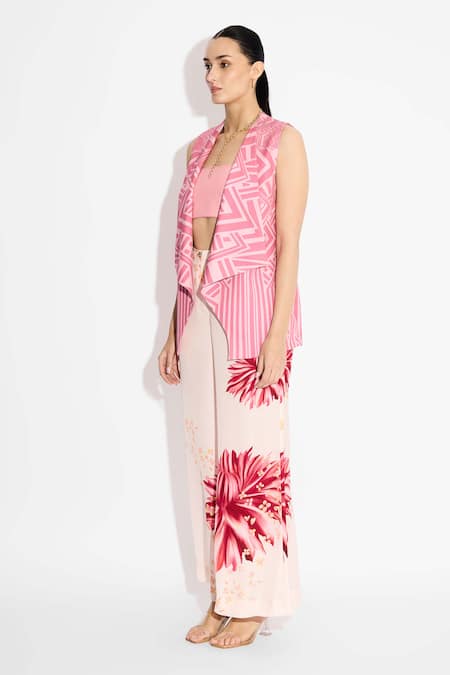 Buy SHASHA GABA Pink Crepe Round Neck Stripe Lapel Jacket Online at Aza Fashions Buy_SHASHA GABA_Pink Crepe Round Neck Stripe Lapel Jacket _Online_at_Aza_Fashions