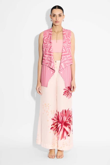 Shop SHASHA GABA Pink Crepe Round Neck Stripe Lapel Jacket Online at Aza Fashions Shop_SHASHA GABA_Pink Crepe Round Neck Stripe Lapel Jacket _Online_at_Aza_Fashions
