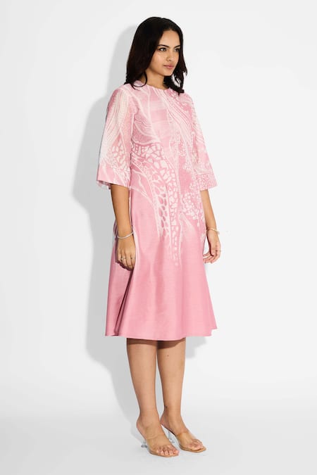 SHASHA GABA_Pink Polyester Round Neck Powder Swirl Print Midi Dress _Online_at_Aza_Fashions