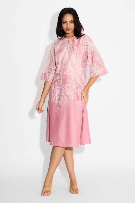 SHASHA GABA Pink Polyester Round Neck Powder Swirl Print Midi Dress 