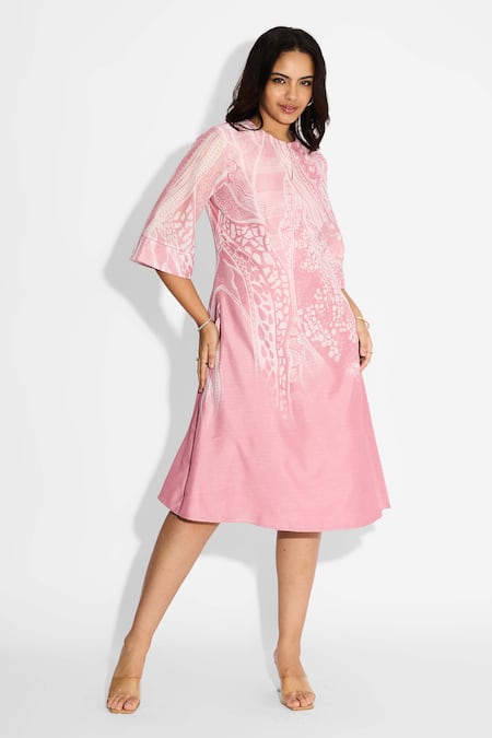 Shop_SHASHA GABA_Pink Polyester Round Neck Powder Swirl Print Midi Dress _Online_at_Aza_Fashions