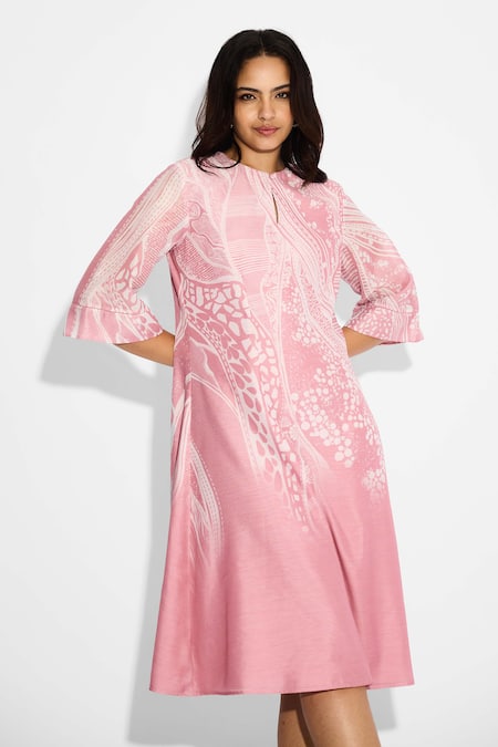 SHASHA GABA_Pink Polyester Round Neck Powder Swirl Print Midi Dress _at_Aza_Fashions