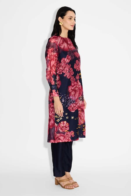 SHASHA GABA_Multi Color Polyester Round Neck Floral Straight Kurta _Online_at_Aza_Fashions