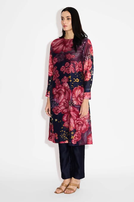 Buy_SHASHA GABA_Multi Color Polyester Round Neck Floral Straight Kurta _Online_at_Aza_Fashions