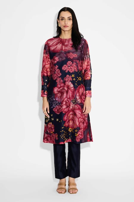 Shop_SHASHA GABA_Multi Color Polyester Round Neck Floral Straight Kurta _Online_at_Aza_Fashions