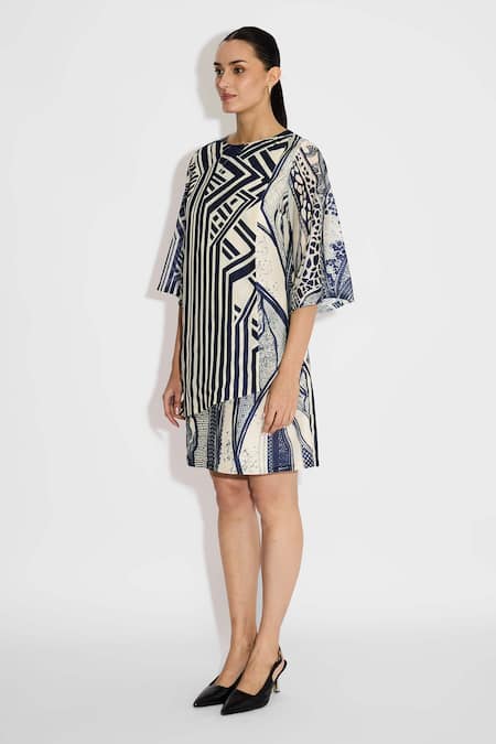 SHASHA GABA_Ivory Polyester Round Neck Striped Wrap Dress _Online_at_Aza_Fashions