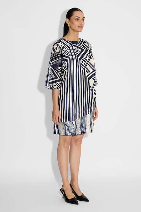 Buy_SHASHA GABA_Ivory Polyester Round Neck Striped Wrap Dress _Online_at_Aza_Fashions