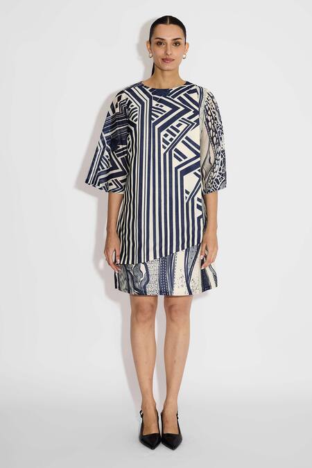 Shop_SHASHA GABA_Ivory Polyester Round Neck Striped Wrap Dress _Online_at_Aza_Fashions