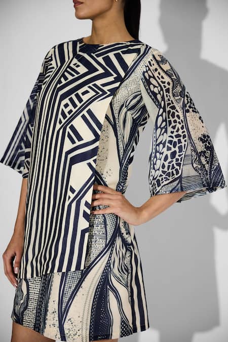 SHASHA GABA_Ivory Polyester Round Neck Striped Wrap Dress _at_Aza_Fashions