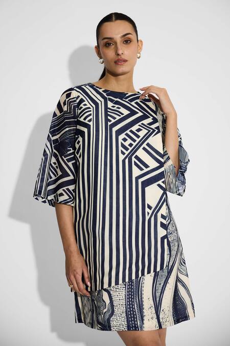 Buy_SHASHA GABA_Ivory Polyester Round Neck Striped Wrap Dress 