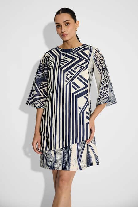 Shasha Gaba Ivory Polyester Round Neck Striped Wrap Dress