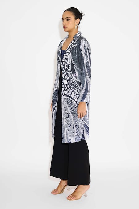 SHASHA GABA_Blue Polyester Sequins Ombre Trench Coat _Online_at_Aza_Fashions