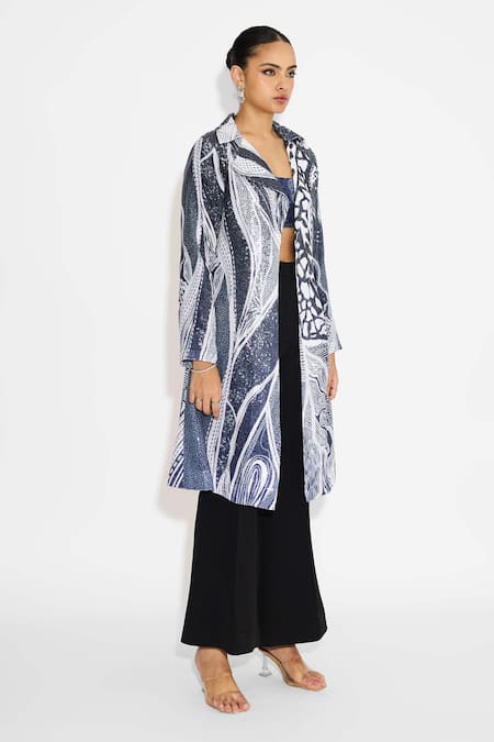 Buy_SHASHA GABA_Blue Polyester Sequins Ombre Trench Coat _Online_at_Aza_Fashions
