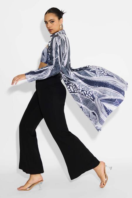 Shop_SHASHA GABA_Blue Polyester Sequins Ombre Trench Coat _Online_at_Aza_Fashions