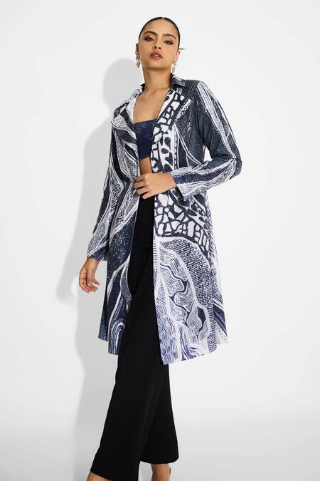 SHASHA GABA_Blue Polyester Sequins Ombre Trench Coat _at_Aza_Fashions