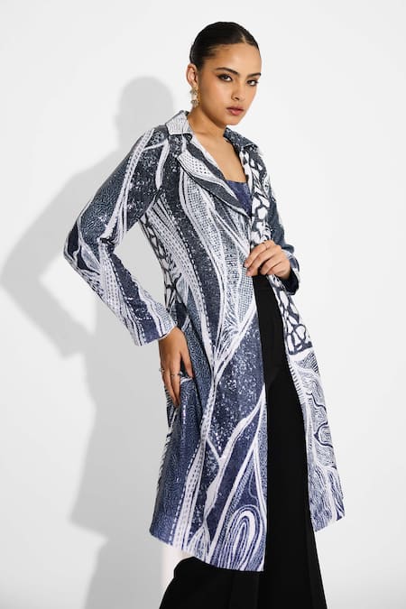 Buy_SHASHA GABA_Blue Polyester Sequins Ombre Trench Coat 