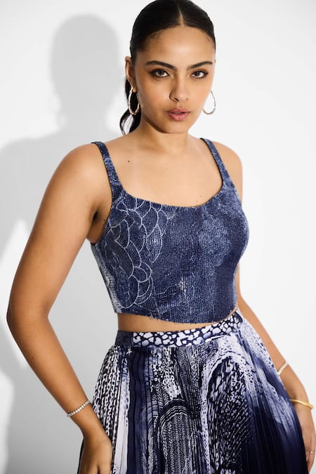 SHASHA GABA_Blue Sequins Square Neck Swirl Corset _at_Aza_Fashions