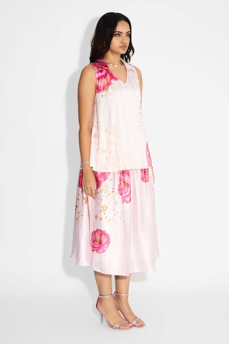 SHASHA GABA_Ivory Polyester, Satin V-neck Floral Playful Top _Online_at_Aza_Fashions