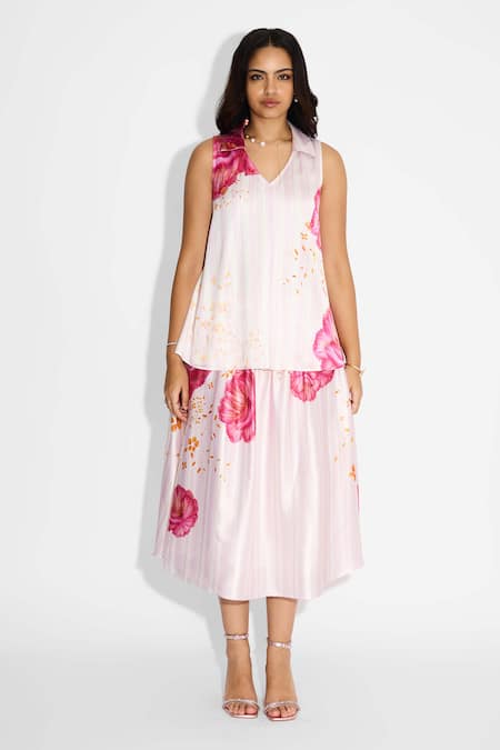 Buy_SHASHA GABA_Ivory Polyester, Satin V-neck Floral Playful Top _Online_at_Aza_Fashions