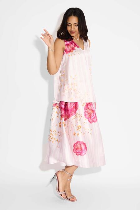 SHASHA GABA_Ivory Polyester, Satin V-neck Floral Playful Top _at_Aza_Fashions