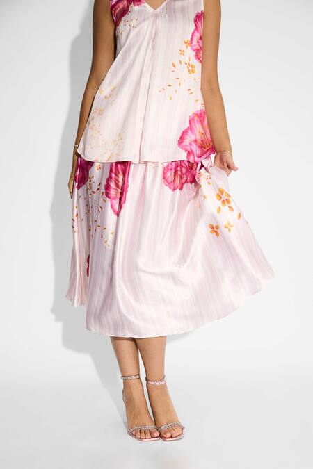 Buy_SHASHA GABA_Ivory Polyester, Satin V-neck Floral Playful Top 