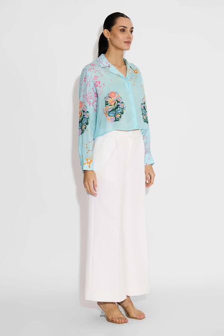 SHASHA GABA Blue Embroidery Collared Frost Designer Cropped Shirt Online at Aza Fashions SHASHA GABA_Blue Embroidery Collared Frost Designer Cropped Shirt _Online_at_Aza_Fashions