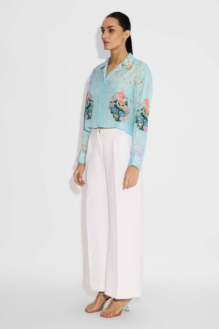 Buy SHASHA GABA Blue Embroidery Collared Frost Designer Cropped Shirt Online at Aza Fashions Buy_SHASHA GABA_Blue Embroidery Collared Frost Designer Cropped Shirt _Online_at_Aza_Fashions