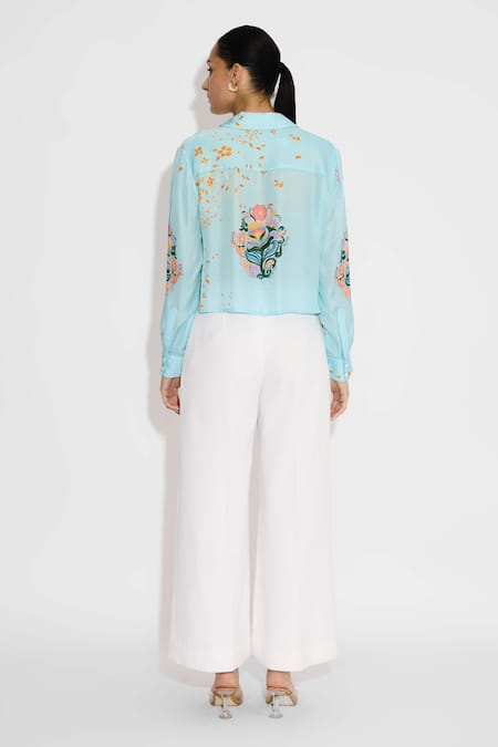 Shop SHASHA GABA Blue Embroidery Collared Frost Designer Cropped Shirt at Aza Fashions Shop_SHASHA GABA_Blue Embroidery Collared Frost Designer Cropped Shirt _at_Aza_Fashions