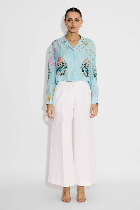 Shop SHASHA GABA Blue Embroidery Collared Frost Designer Cropped Shirt Online at Aza Fashions Shop_SHASHA GABA_Blue Embroidery Collared Frost Designer Cropped Shirt _Online_at_Aza_Fashions