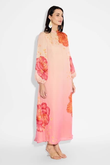 SHASHA GABA_Pink Silk, Tissue Round Neck Floral Print Midi Dress _Online_at_Aza_Fashions