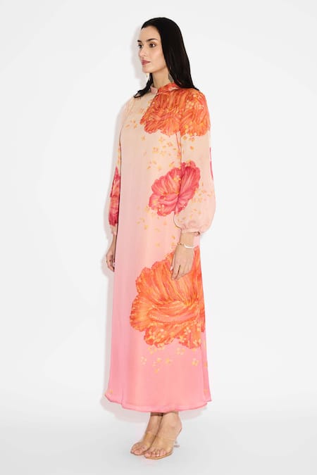 Buy_SHASHA GABA_Pink Silk, Tissue Round Neck Floral Print Midi Dress _Online_at_Aza_Fashions
