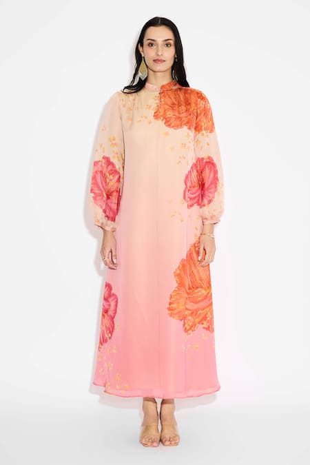 Shop_SHASHA GABA_Pink Silk, Tissue Round Neck Floral Print Midi Dress _Online_at_Aza_Fashions