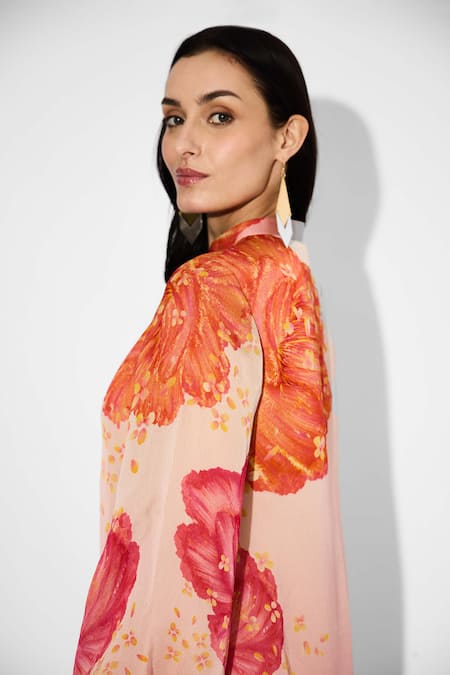 SHASHA GABA_Pink Silk, Tissue Round Neck Floral Print Midi Dress _at_Aza_Fashions