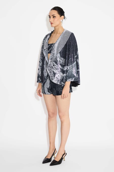 SHASHA GABA Black Amorphous Sequins Cape Jacket Online at Aza Fashions SHASHA GABA_Black Amorphous Sequins Cape Jacket _Online_at_Aza_Fashions