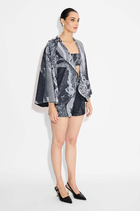 Shop SHASHA GABA Black Amorphous Sequins Cape Jacket Online at Aza Fashions Shop_SHASHA GABA_Black Amorphous Sequins Cape Jacket _Online_at_Aza_Fashions