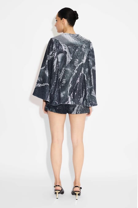 Shop SHASHA GABA Black Amorphous Sequins Cape Jacket at Aza Fashions Shop_SHASHA GABA_Black Amorphous Sequins Cape Jacket _at_Aza_Fashions